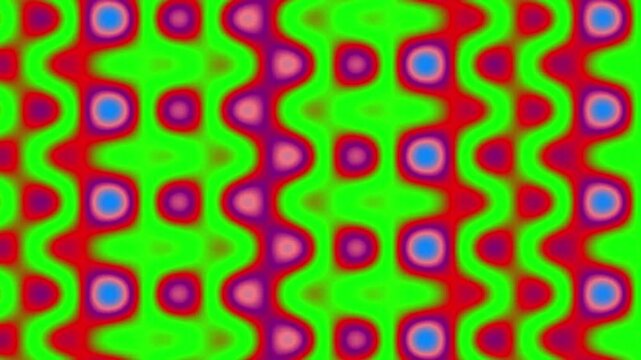 Abstract wavy pattern with bright circles and squares in blue red green colors
