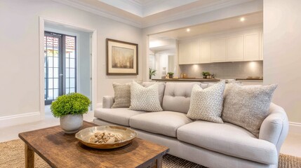 Fototapeta premium Elegant and Cozy Living Room Interior with Modern Sofa, Decorative Pillows, Stylish Coffee Table, and Soft Natural Light in Contemporary Home Setting