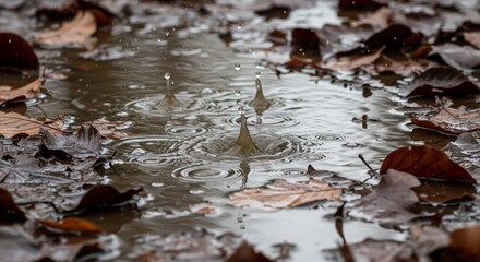 Fototapeta premium Raindrops Splashing into a Muddy Puddle Surrounded by Wet Brown Forest Leaves