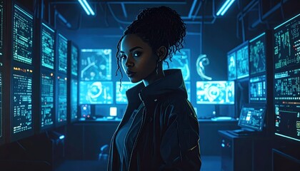 Fototapeta premium Cyberpunk Vigil - Woman in Tech-Infused Control Room with Glowing Screens.