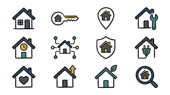 Collection of house icons representing real estate services and home ownership.