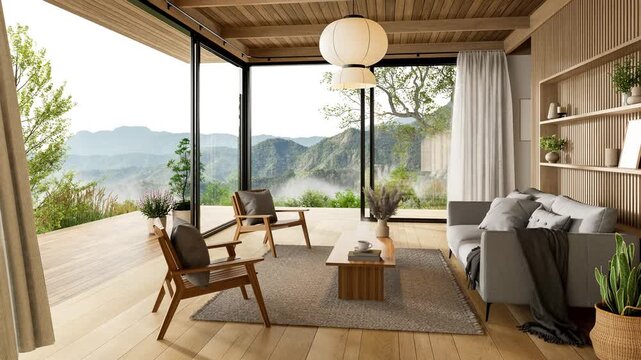 Spacious and airy living room interior with glass doors opening onto a wide wooden deck with a stunning panoramic mountain view 3d animation render.