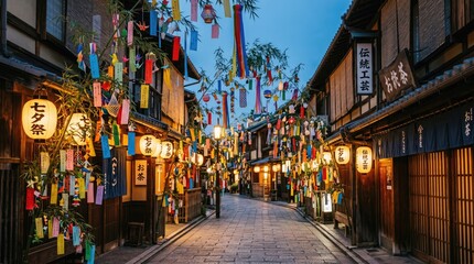 Naklejka premium Tanabata Festival Street with Lanterns at Dusk