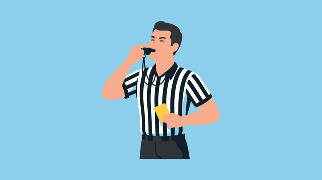 Sports official blowing whistle and holding penalty card with authority