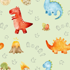 Seamless watercolor dinosaur pattern with volcanoes, eggs, footprints and roar lettering on green. Repeating design for fabric, pajamas, bedding, nursery textiles, wrapping paper and party supplies. © Evgeniia