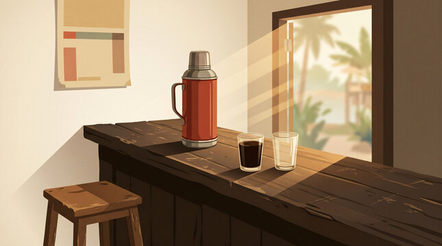 Indonesian Warung Kopi Morning with Vintage Thermos Glass Cups Wooden Counter and Tropical Doorway Flat Illustration Background with Copy Space