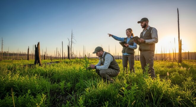 A professional team observes thriving green vegetation within a recovered burn zone, documenting ecological success during a field study, protection, wildfire, management