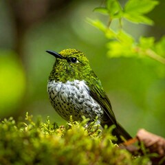 Fototapeta premium A vibrant green and white bird perches on mossy foliage