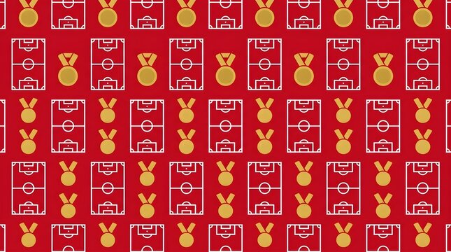 A repeating pattern of white outlined soccer fields and golden medals on a red background, symbolizing sports achievement.