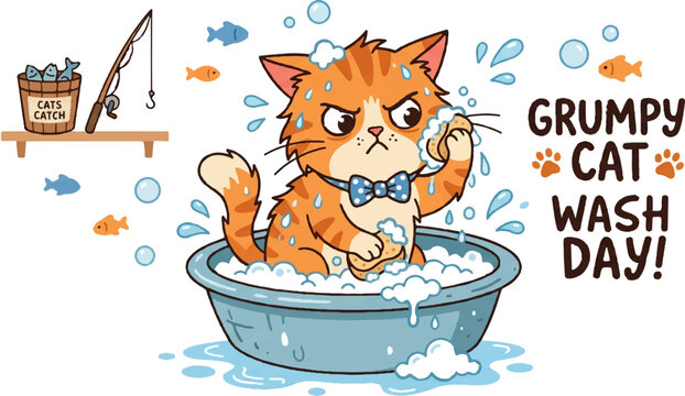 Grumpy cat, cartoon cat, bathing cat, vector illustration, funny animal, grumpy expression