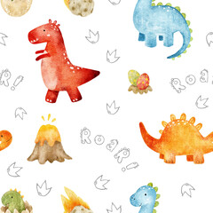 Seamless watercolor dinosaur pattern with volcanoes, eggs, footprints and roar lettering on white. Repeating design for fabric, pajamas, bedding, nursery textiles, wrapping paper and party supplies. © Evgeniia