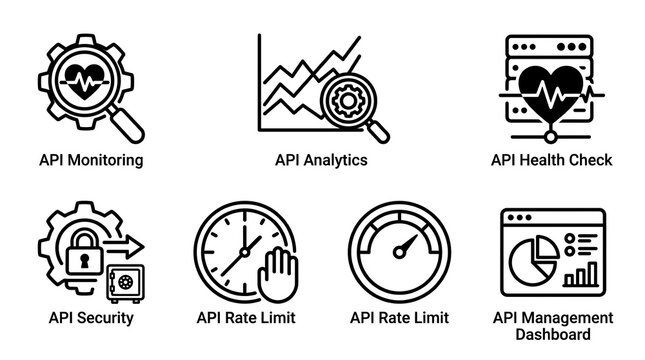 A black and white image showing eight icons related to API management
