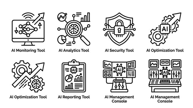 A black and white illustration of eight different AI tools used for various tasks