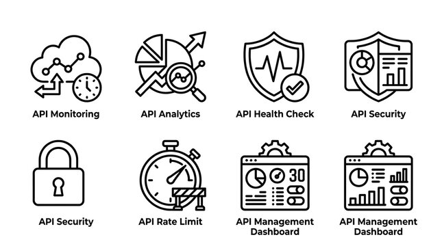 A collection of eight black and white line icons related to API management and security