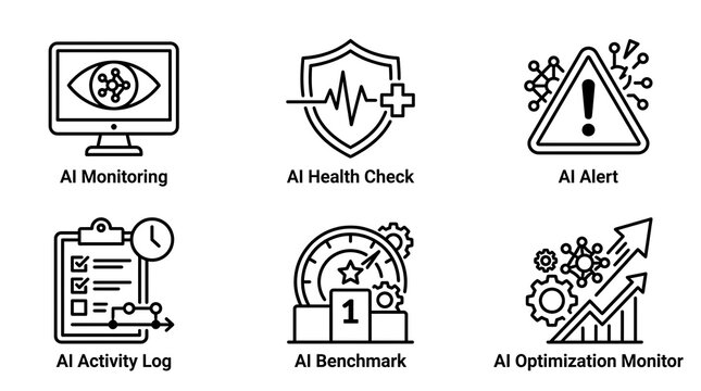 A collection of six black and white icons representing various AI-related concepts