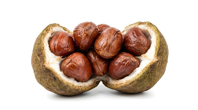 Opened Kola nut fruit, Cola acuminata, showing natural seeds isolated on white background