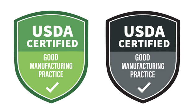USDA Certified Good Manufacturing Practice Shield Badge Set, Quality Control Standards Guarantee Stamp Vector Illustration