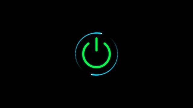 A glowing green power button icon appears on a black background.