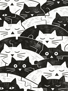 Abstract black and white interlocking cat pattern in linocut illustration style