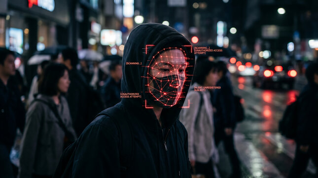 A digital face recognition mesh grid scanning a hooded man on a crowded city street at night with glowing red biometric tracking system alert interface overlays