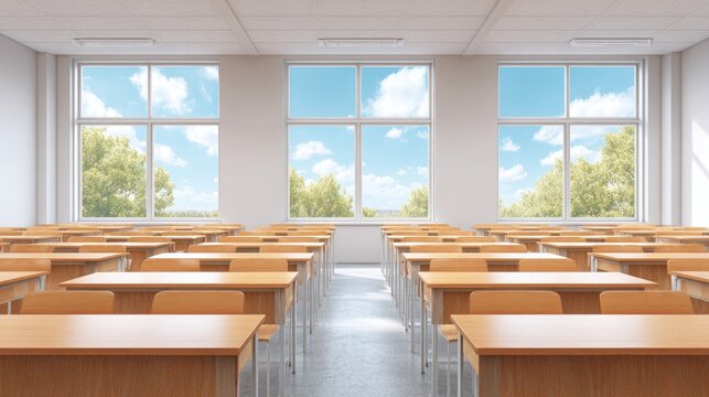 Bright and Spacious Classroom with Wooden Desks and Windows Overlooking Sunny Outdoor Landscape