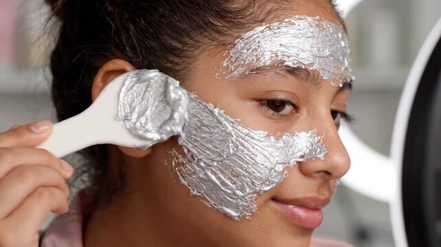 Young woman applying metallic silver face mask with spatula