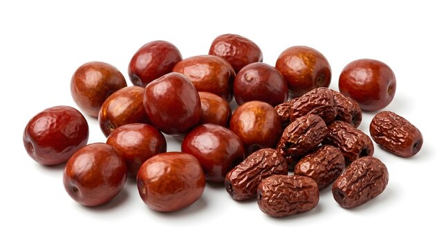 Fresh and dried jujube fruits, Ziziphus jujuba, arranged on white background