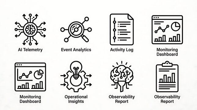 A graphic illustration showcasing eight icons representing business analytics and monitoring concepts