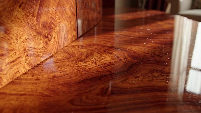 Luxury Mahogany Wood Texture Close-up - A high-resolution close-up shot showcases the rich, swirling grain of polished mahogany wood, reflecting light and adding a touch of elegance.