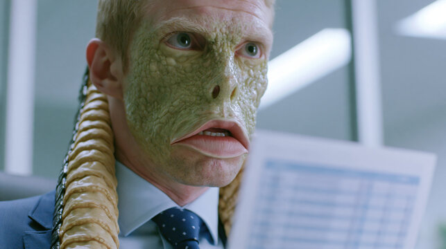 Reptilian corporate monster in suit staged as office executive in surreal horror art