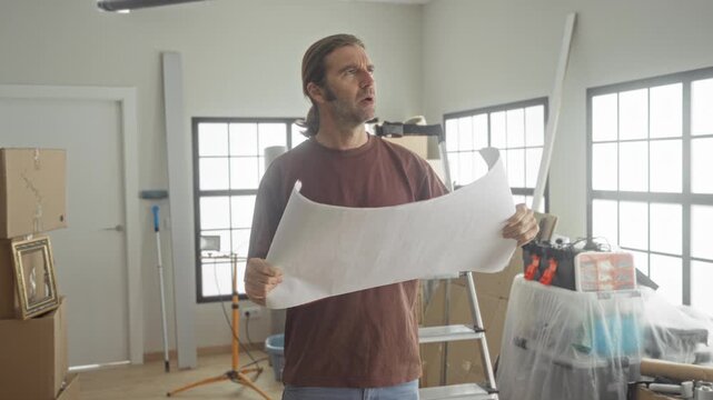 Man holding large blueprint, furrowed brow, inspecting plans in cluttered room with boxes inside building; uncertainty home planning.
