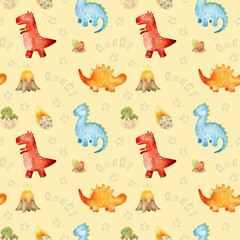 Seamless watercolor dinosaur pattern with volcanoes, eggs, footprints and roar lettering on yellow. Repeating design for fabric, pajamas, bedding, nursery textiles, wrapping paper and party supplies. © Evgeniia