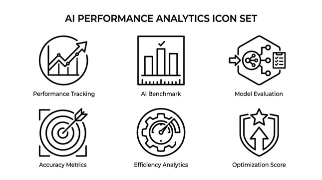 A set of six black and white icons representing various performance analytics concepts