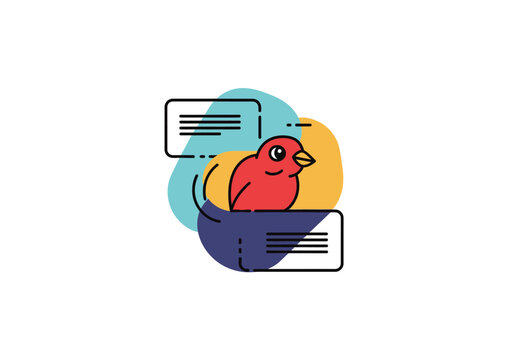 Red Bird Social Media Communication Vector Icon with Chat Bubbles and Abstract Shapes