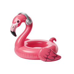 Fototapeta premium Pink inflatable flamingo pool float wearing silver headphones for summer vacation themes isolated on a transparent background