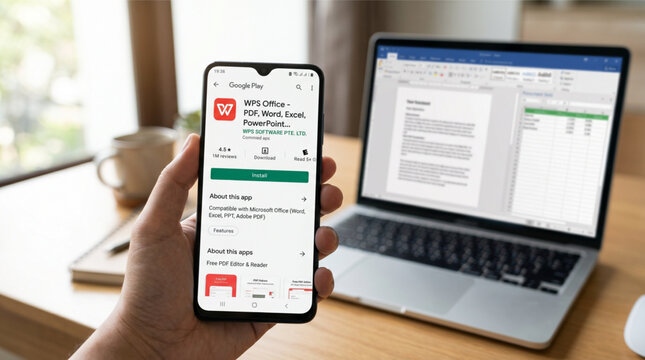 Person holding a smartphone with the WPS Office application on the Google Play Store screen. Laptop in the background showing document editor and spreadsheet. Business productivity app mockup.