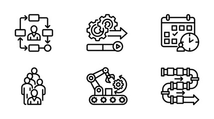 Fototapeta premium A set of six industrial and business-related line icons on white background