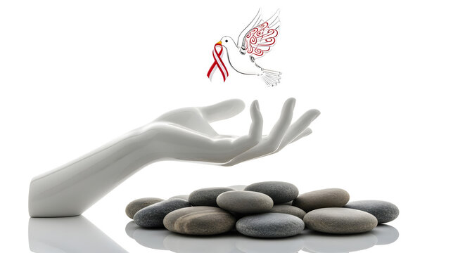 Hand reaching for a floating red ribbon bow on zen stones 3D conceptual art