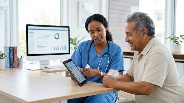 Female doctor showing health data on tablet to senior male patient in modern clinic, digital healthcare concept, medical consultation, telemedicine, electronic records