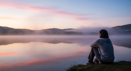 Fototapeta premium Man Contemplating Serene Lake at Sunrise
