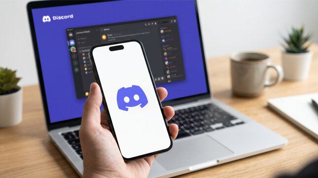 Male hand holding a smartphone iPhone with Discord app logo on the screen. Laptop background showing social media chat interface on a wooden desk with coffee mug and plant. Brand logo photo.