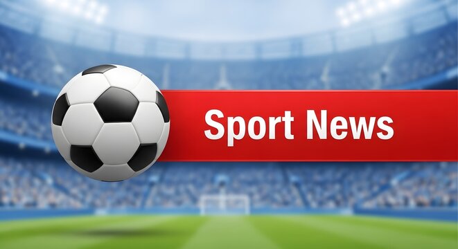 Soccer stadium background with floating ball and sport news banner