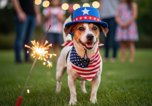 Patriotic dog celebrating usa independence day with sparkler on 4th of july