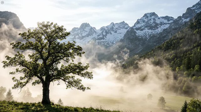 Solitary Tree Against Misty Mountain Landscape - A majestic, solitary tree stands in the foreground on a grassy slope, bathed in sunlight filtering through morning mist.