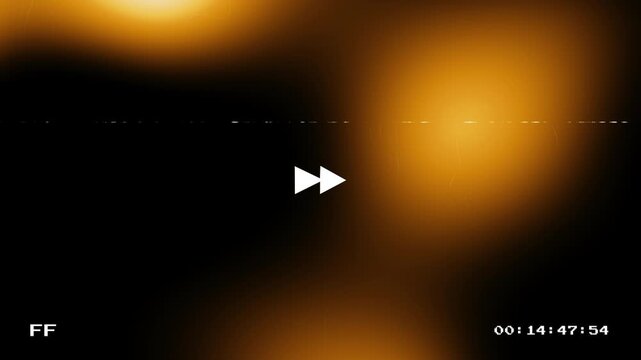 Abstract retro VHS fast forward animation featuring glowing orange light leaks glitchy tracking lines and a digital timecode on a black background for cinematic video effects