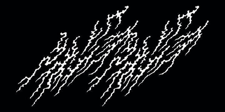 White heavy metal style lightning line art asset. Solid abstract electric current shape or extreme metal typography element isolated on a dark black background.