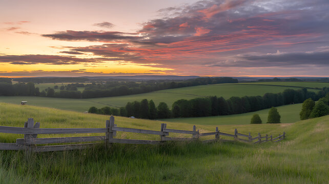 Rolling green hills with wooden fence at sunset, colorful sky with clouds rolling hills green grass
