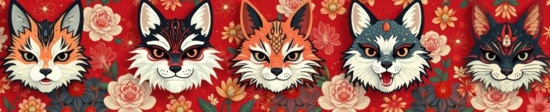 Elegant kitsune mask repeat pattern Subtle Japanese aesthetic Ideal for textile print , geometric, design