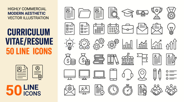 50 Line Icons for Curriculum Vitae and Resume Design &ndash; Vector Illustration Set for CVs, Resumes, and Job Applications