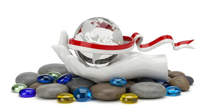 Conceptual 3D graphic of a glass crystal ball with floating red ribbons on rocks